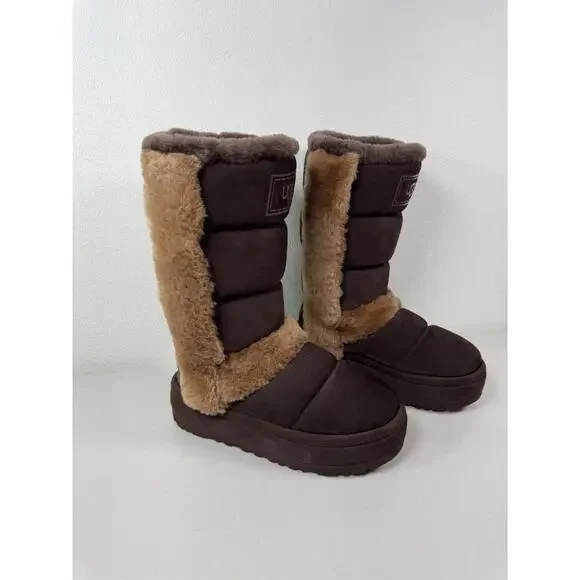 RARE! NWOB UGG Chillapeak Tall Shearling Wool Platform Boots Suede US 10 Brown - Picture 2 of 8